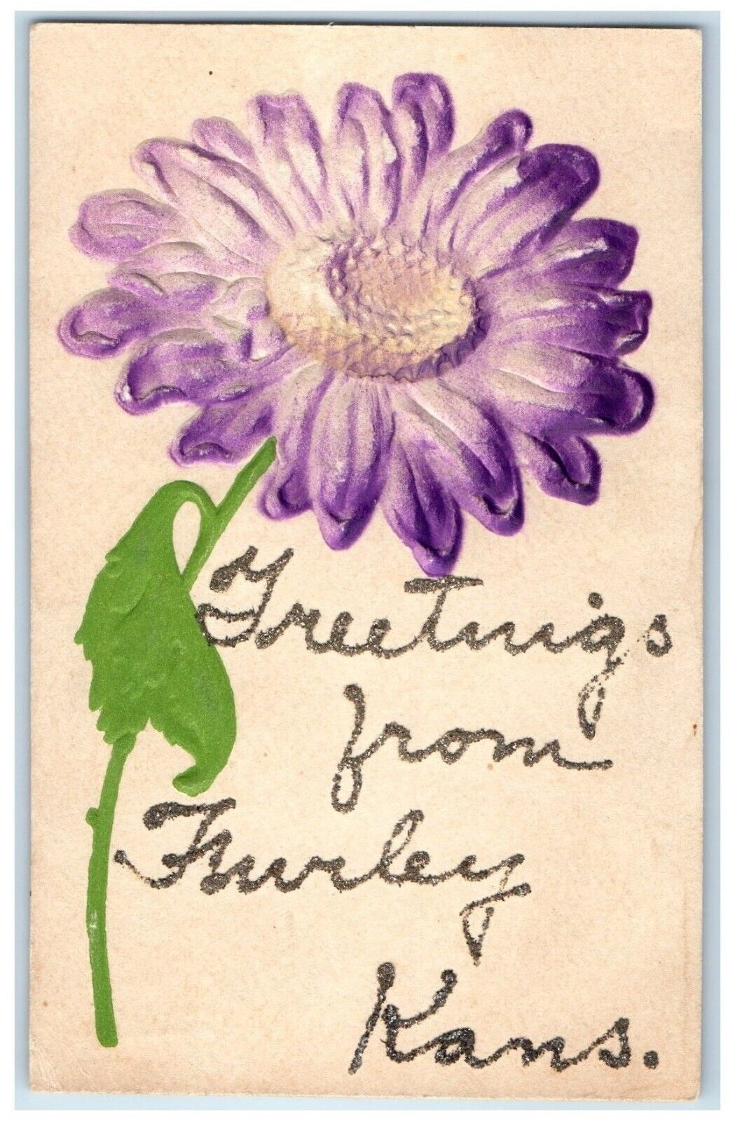 c1910 Greetings From Furley Kansas KS Embossed Glitter Flower Vintage Postcard