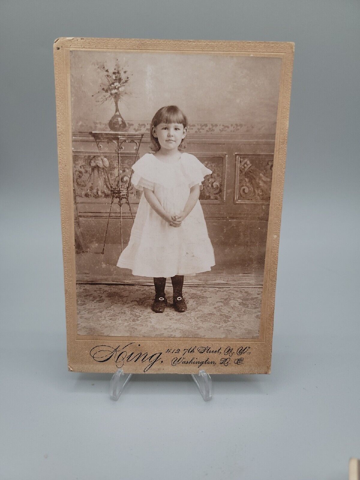Antique Cabinet Card Little Girl Posing Big Eyes White Dress Decorative Backdrop