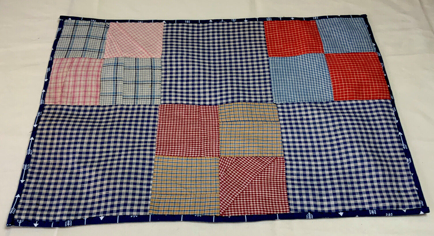 Antique Vintage Quilt Table Topper, Four Patch, Early Calico Checks, Blue, Multi