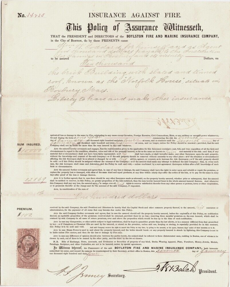 Insurance Policy Against Fire, $10,000 by Wm. W. Goddard, 1862, 1863 & 1865