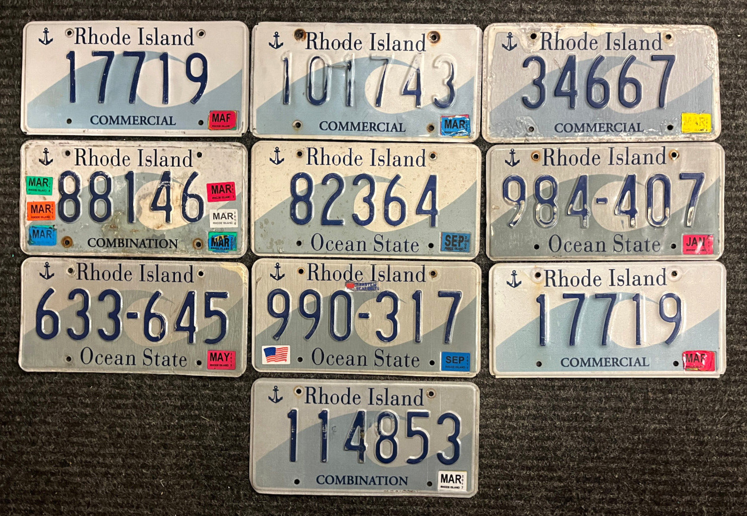 Bulk Lot of 10 Rhode Island License Plates .. ANCHOR, WAVE GRAPHIC & OCEAN STATE