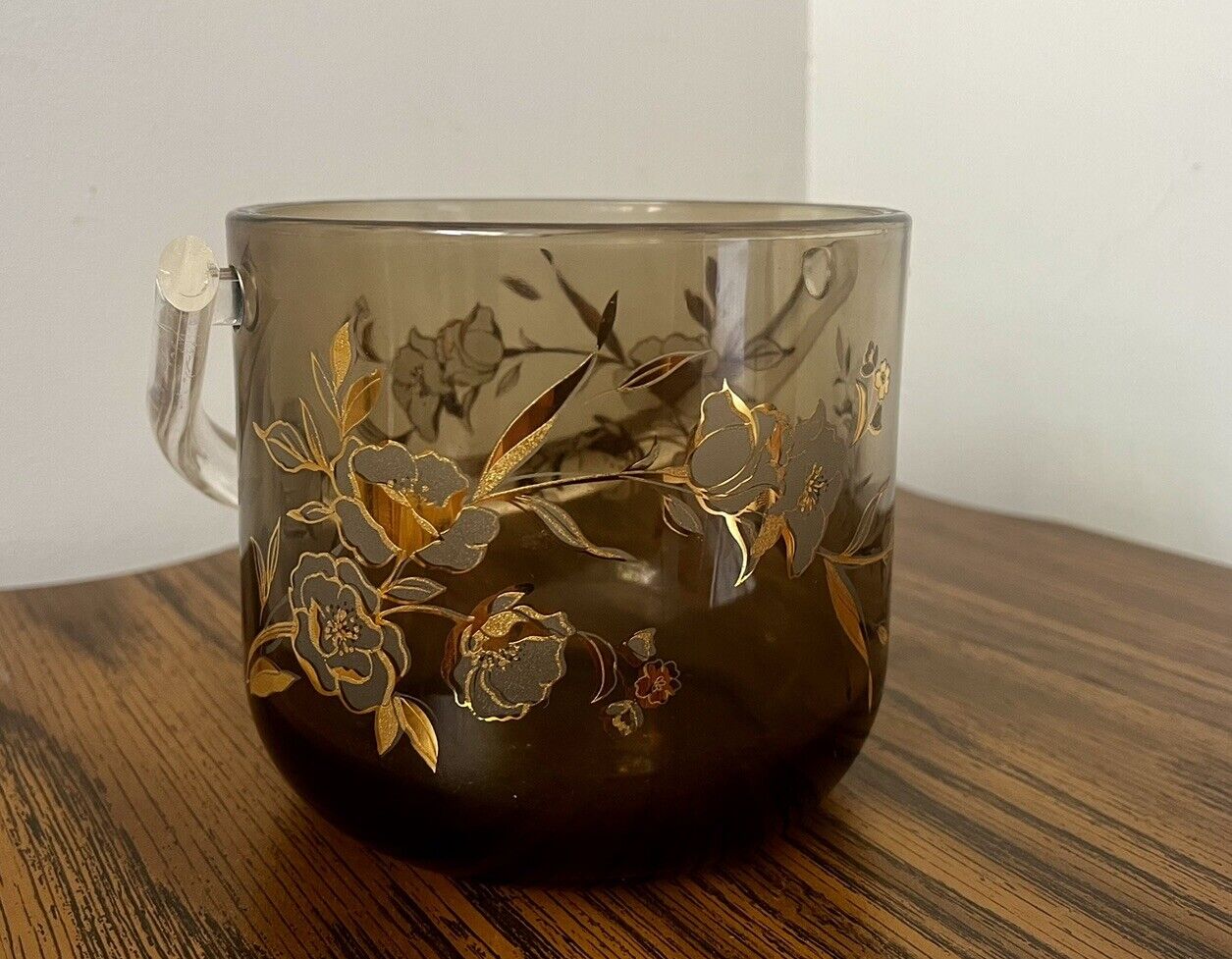 Mid Century Modern Floral Glass Ice Bucket Clear Handle