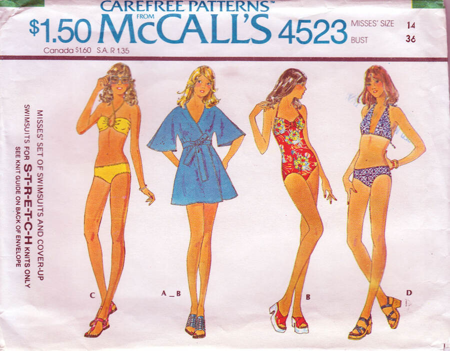 Vintage 1970s Sewing Pattern McCall\'s 4523 Swimsuits & Cover-Up Stretch Knits