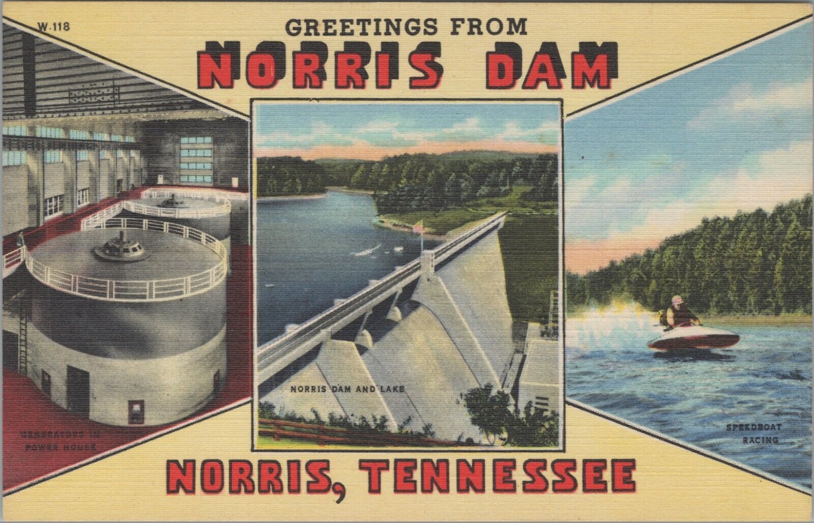 c1940s Greetings from Norris Dam Norris Tennessee power house boat linen D256