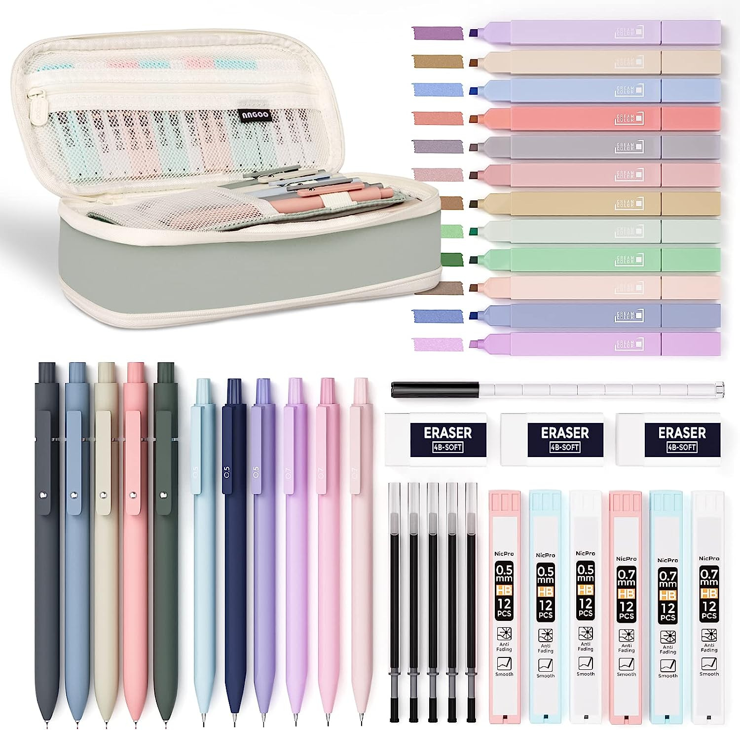 39 PCS Aesthetic School Supplies with Big Capacity Pen Case, 12 Colors Ch