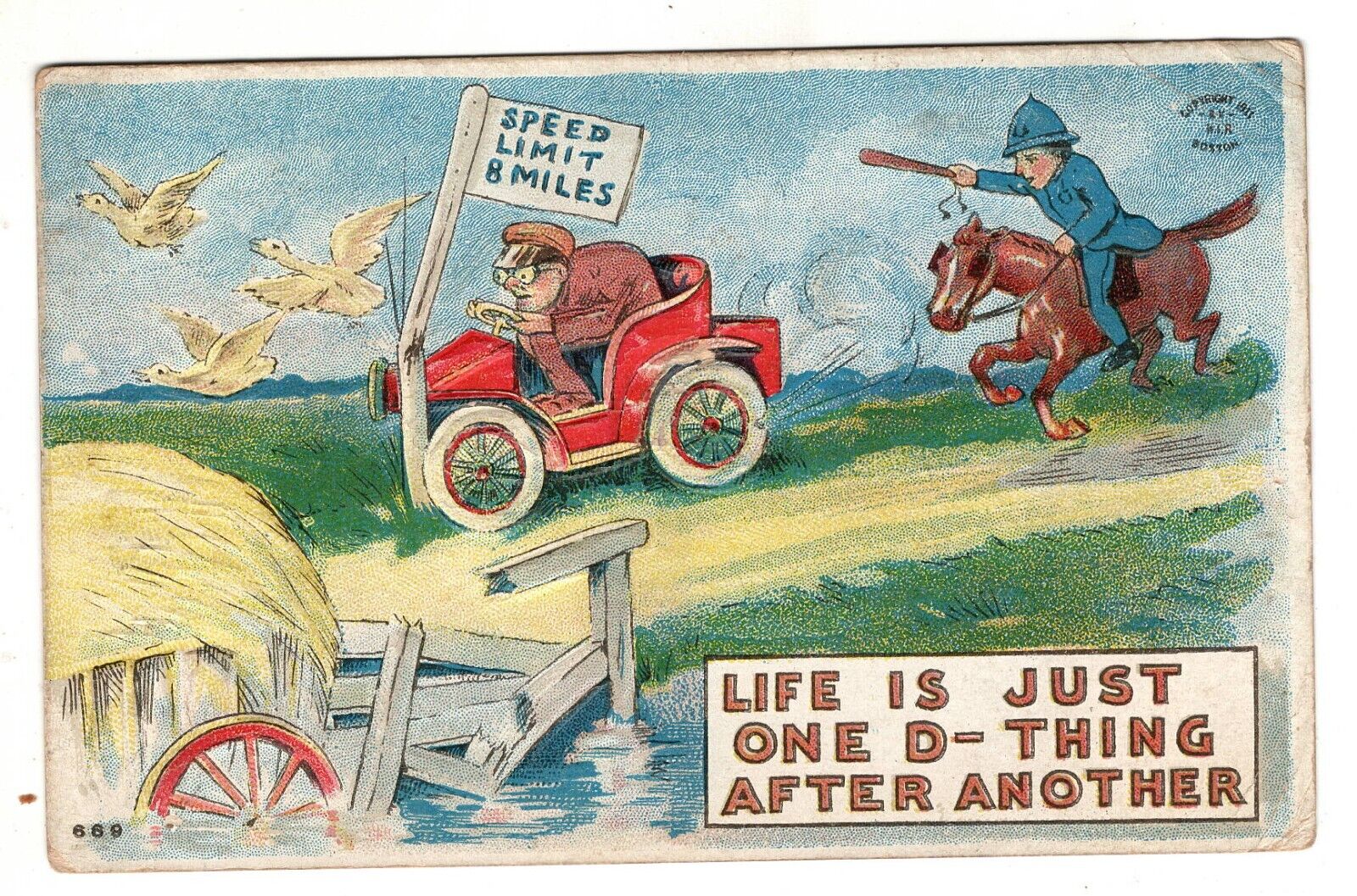 Postcard  Antique Car Life is Just One Damn Thing After Another Horse Cop