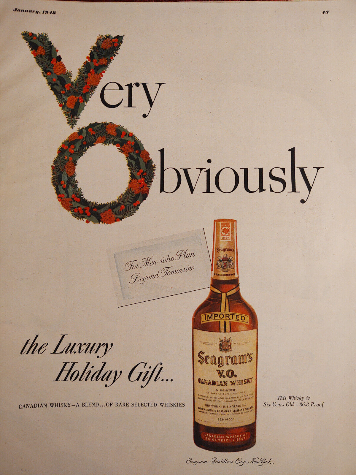 1948 Original Esquire Art Ads Seagrams VO Canadian Whiskey Mooresville Shirtings