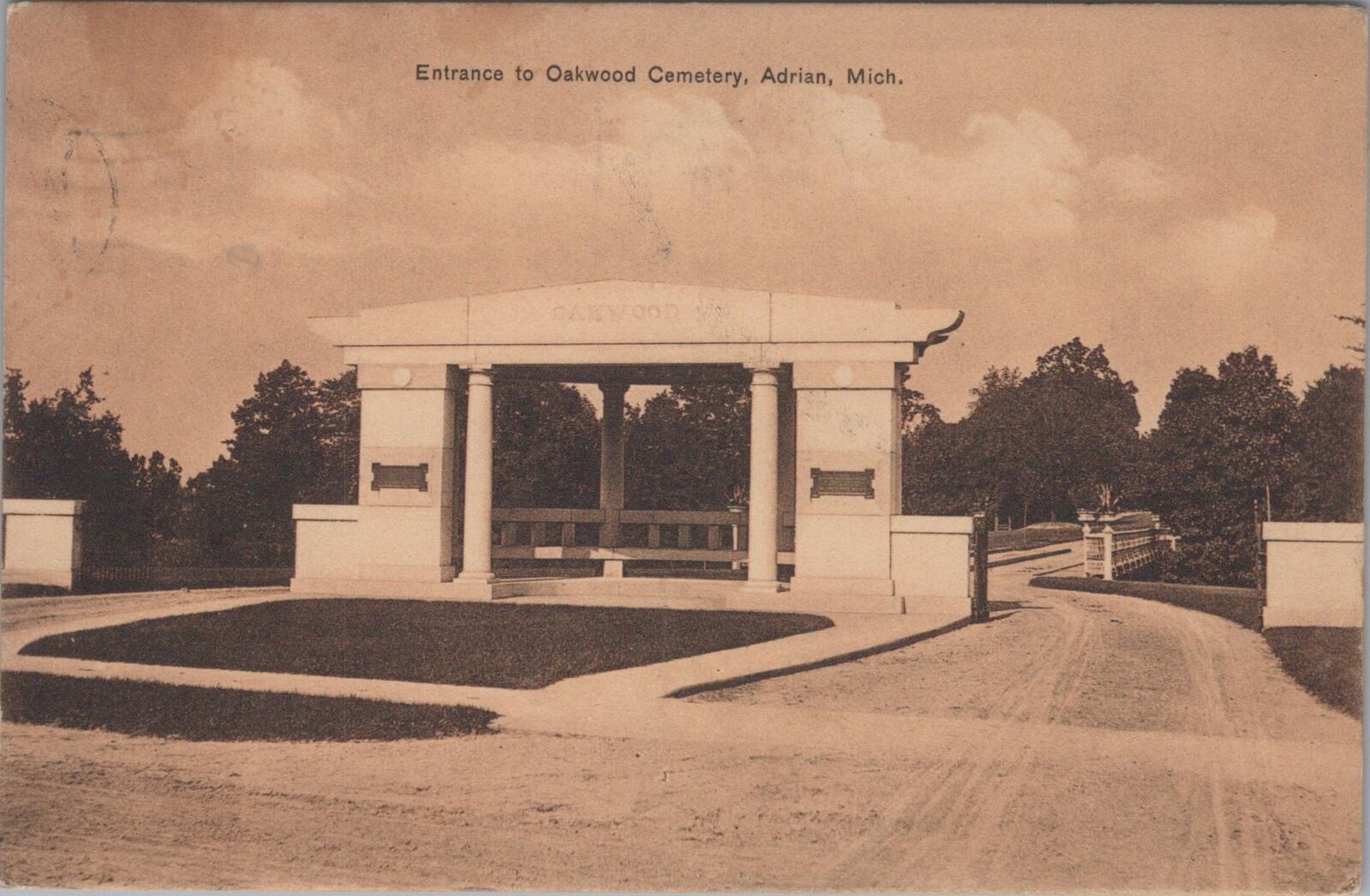 Entrance to Oakwood Cemetery Adrian Michigan Postcard,1908