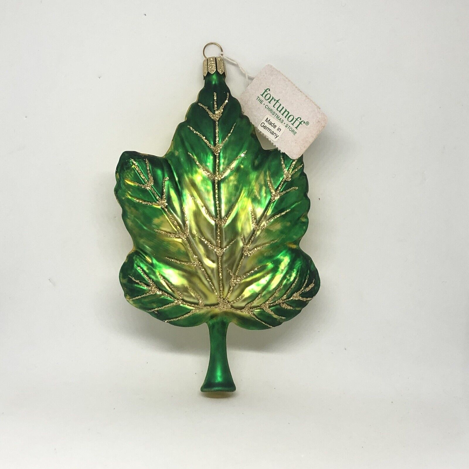 Large 5.5” Green Maple Leaf Glass Blown W/Gold Glitter Holiday Ornament Germany