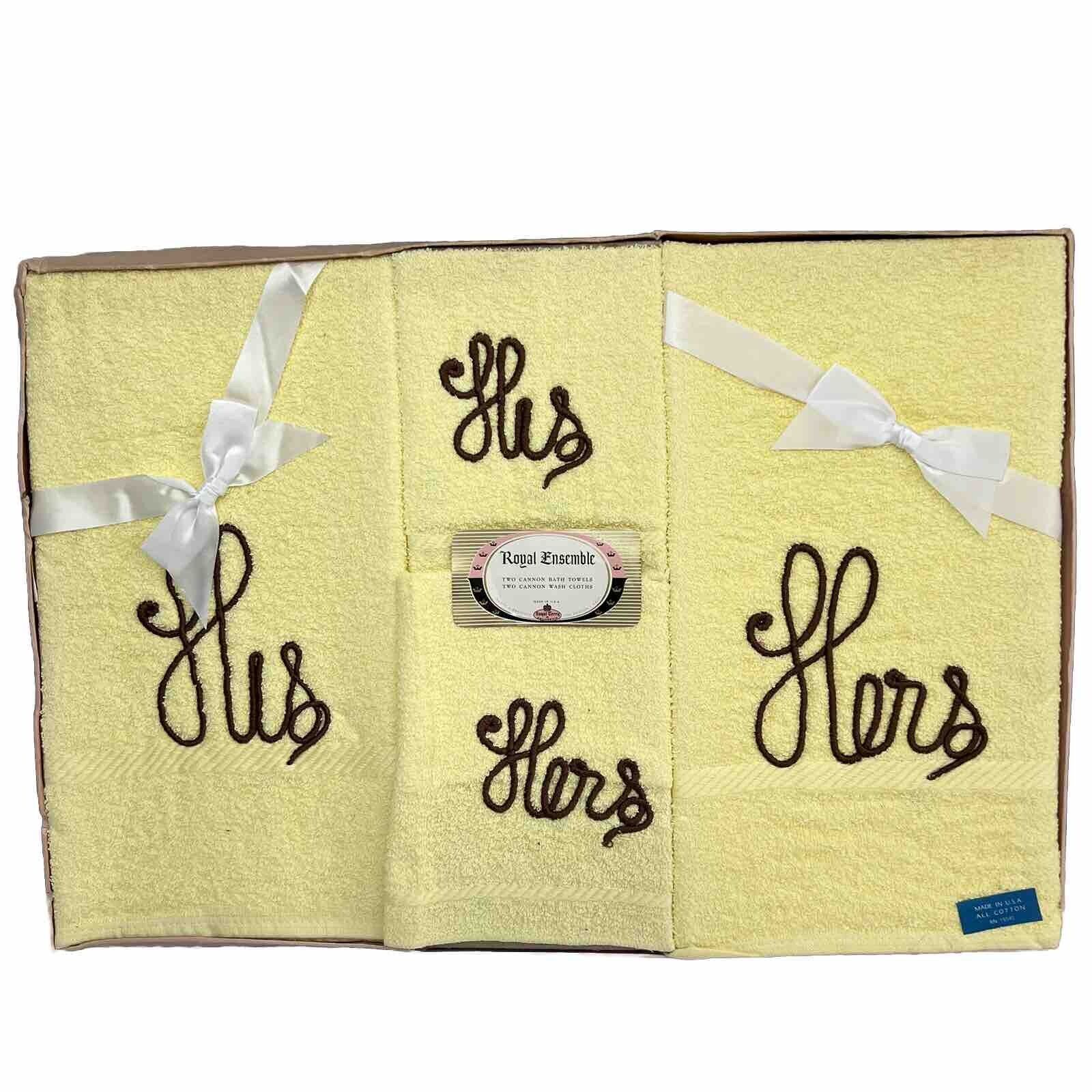 Vtg Royal Ensemble Terry Bathroom Towel Set Yellow Brown Embroidered His Hers