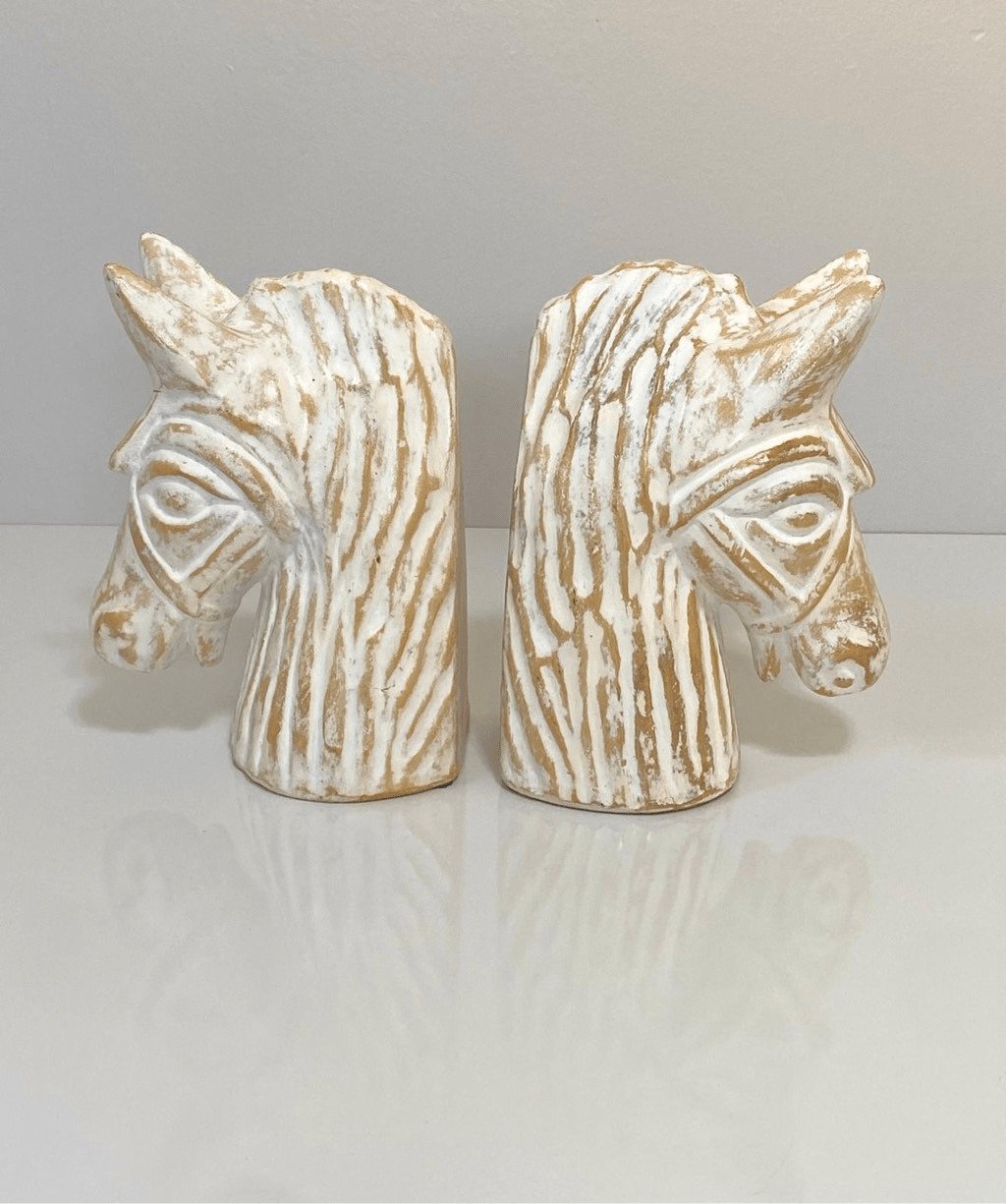 Set of 2- Horse Head Bookends Figurine 10in Animal Pottery Textured Beige Cream