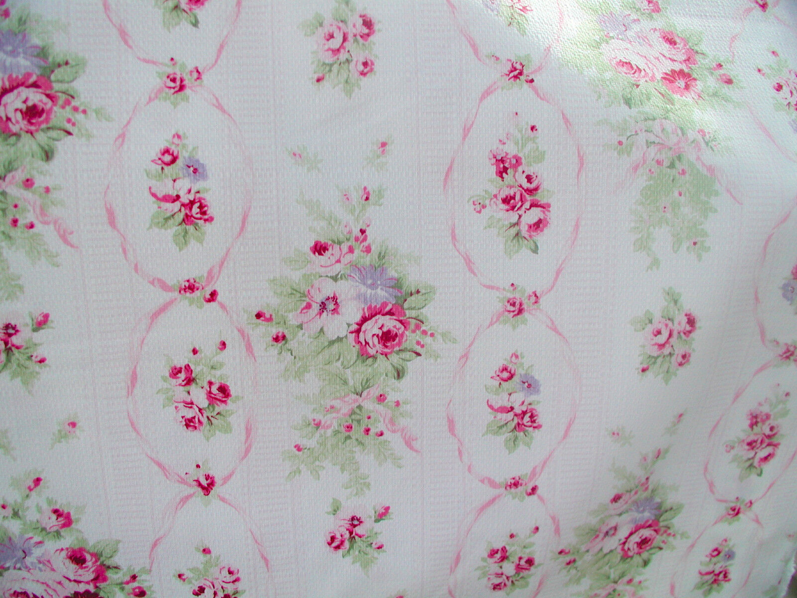 Yuwa  1890's French Reproduction Pink Roses  on White Dobby Fabric Yd. 
