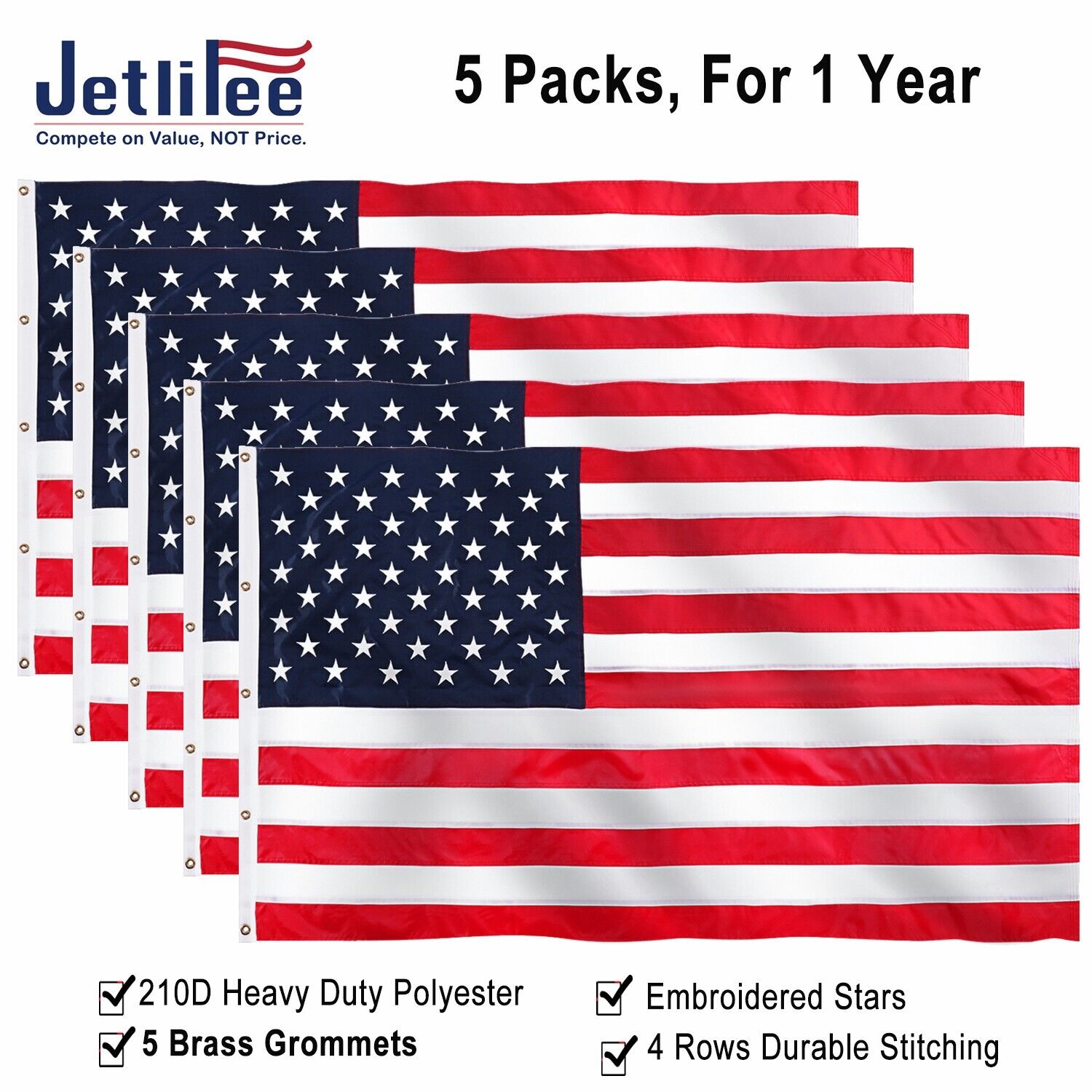 Jetlifee 5 Packs 10x15FT American US Flag Banner Heavy Duty 210D Embroidered