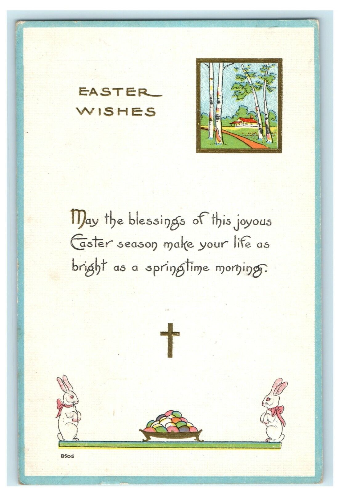 1914 Easter Bergman Cross Bunnies With Eggs Farm Trees Home Antique Postcard  