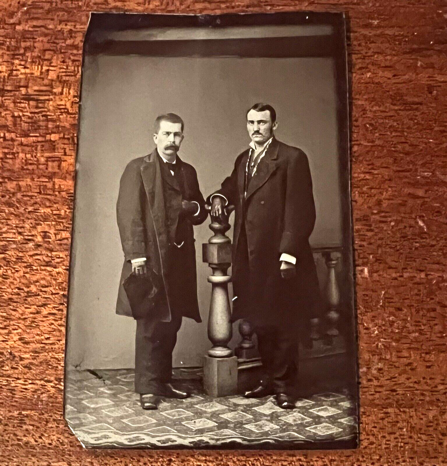 ATQ Victorian Tintype Two Gentlemen Standing Mustaches HIDDEN HAND Portrait