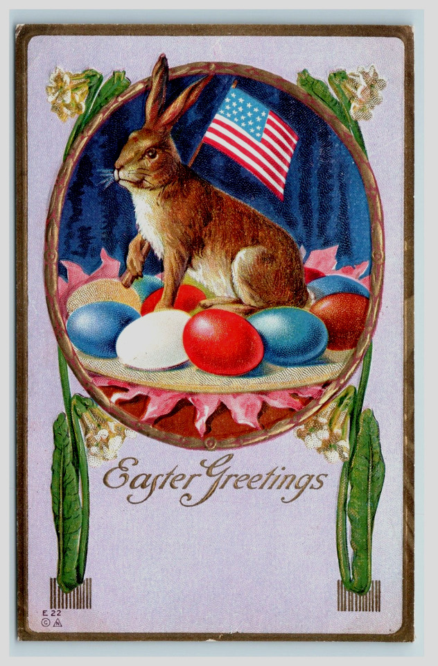 Rare~Patriotic Bunny Rabbit with~American Flag~Eggs~Antique Easter Postcard~h834