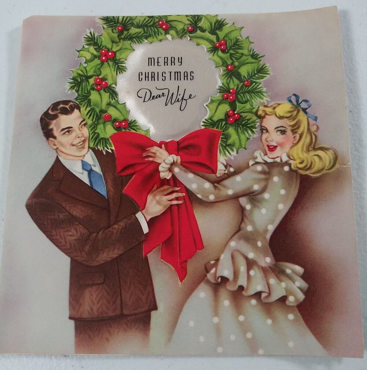 Christmas Greeting Card Merry Christmas Dear Wife 3D Wreath Holiday 1948