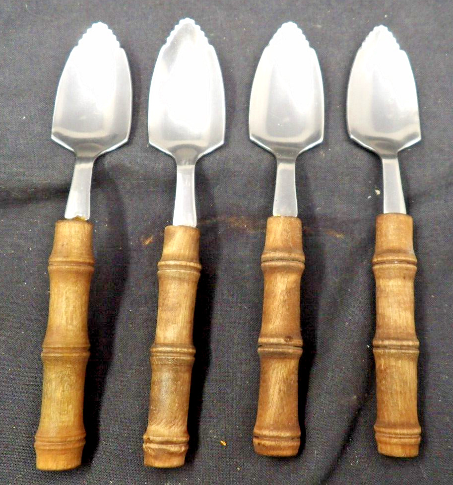 4 Vintage Real Bamboo Handle Stainless Steel Grapefruit Spoons 6\