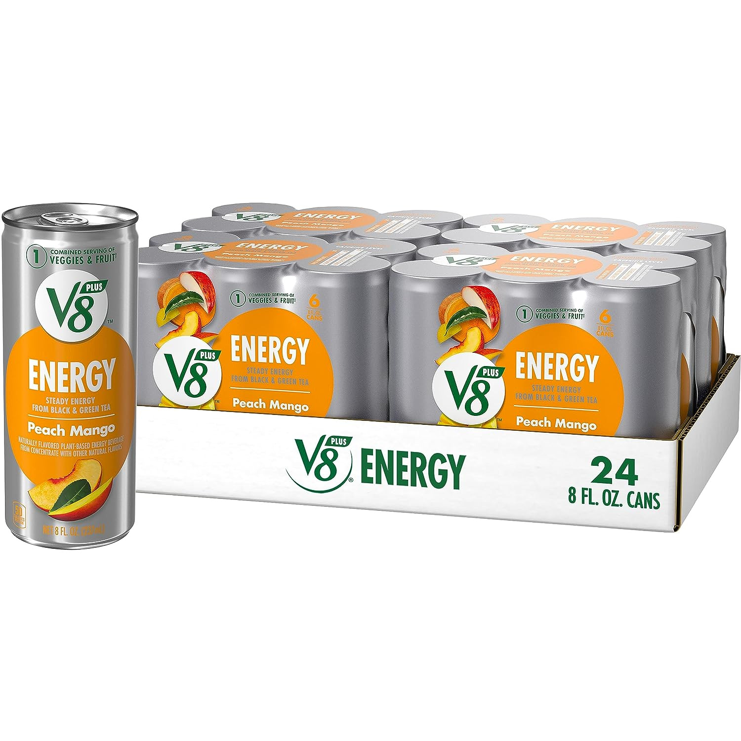 V8 +ENERGY Peach Mango Energy Drink Made with Real 8 Fl Oz (Pack of 24)