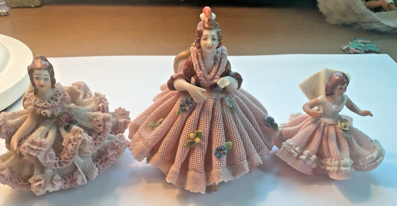 Antique Dresden Lace Doll Figurine Lot of 3