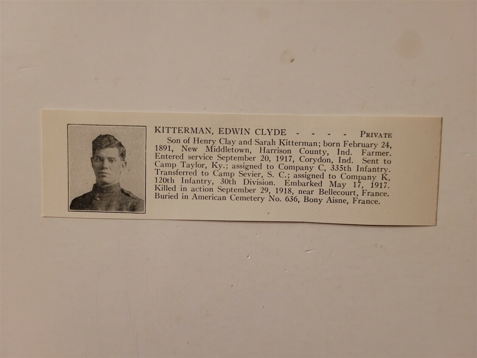 Edwin Clyde Kitterman Company K 120th Infantry 30th Division 1921 WW1 Hero Panel