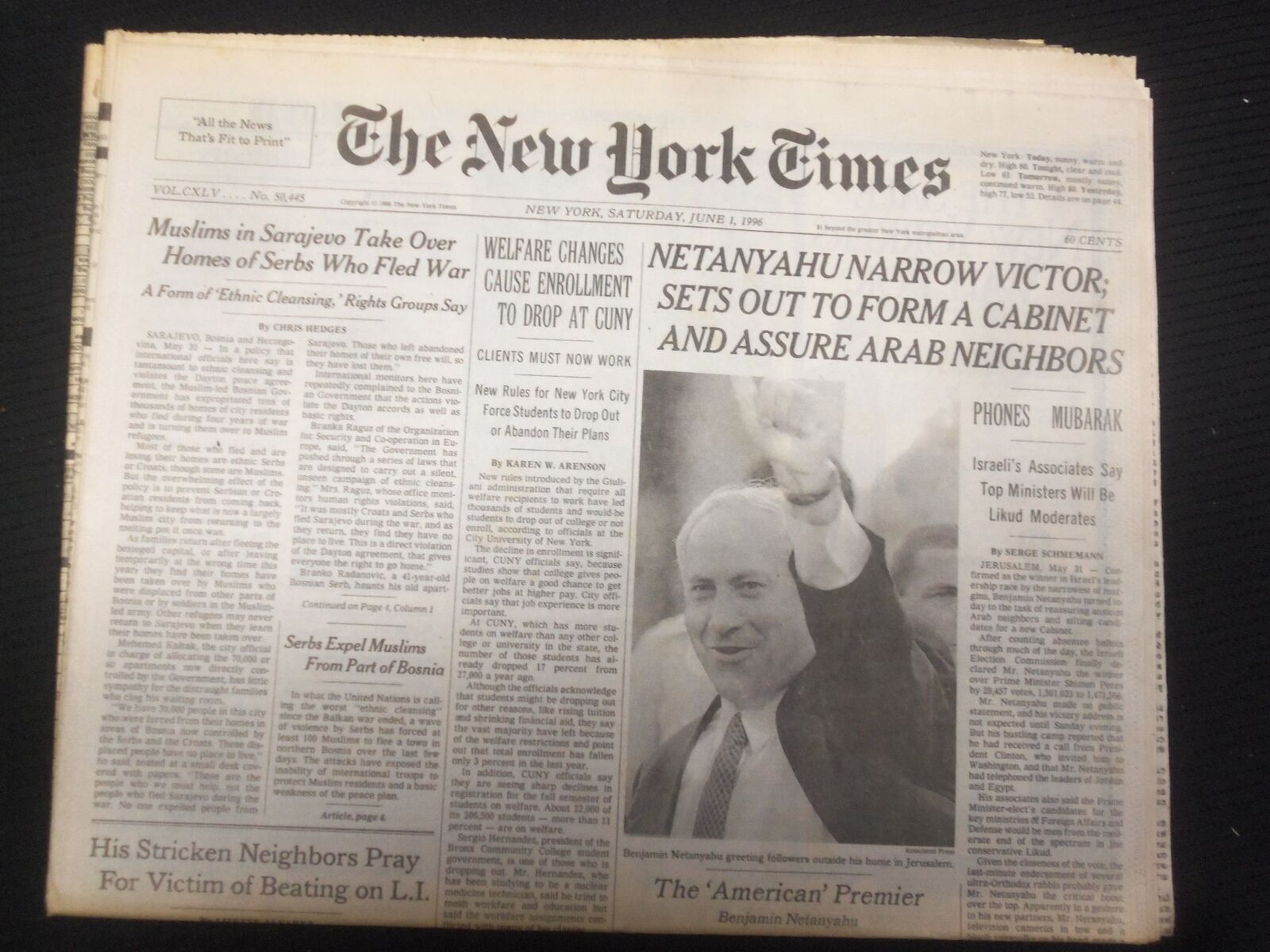 1996 JUNE 1 NEW YORK TIMES NEWSPAPER - NETANYAHU NARROW VICTOR - NP 7029
