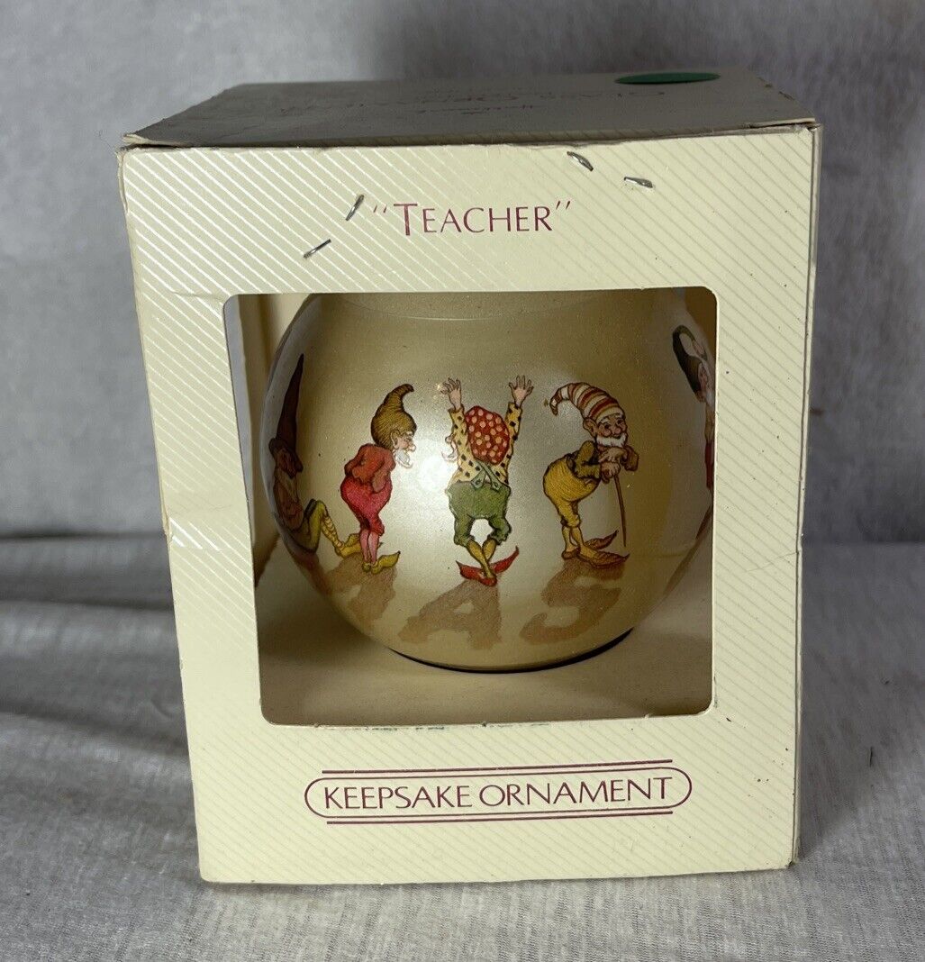 VINTAGE HALLMARK CHRISTMAS ORNAMENT 1982 GLASS BALL TEACHER IN BOX  GNOMES TROLL