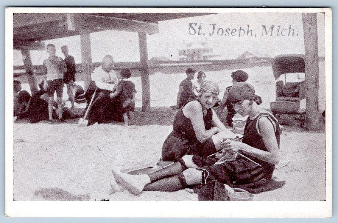 1910\'s ST JOSEPH MICHIGAN WOMEN KNITTING BEACH ANTIQUE BATHING SUITS POSTCARD