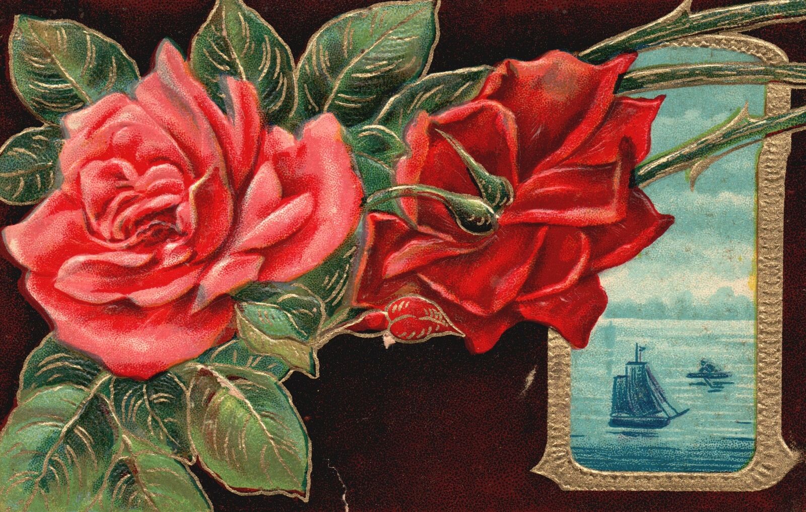 Vintage Postcard Beautiful Red Rose Bloom & Yacht Landscape In Framed