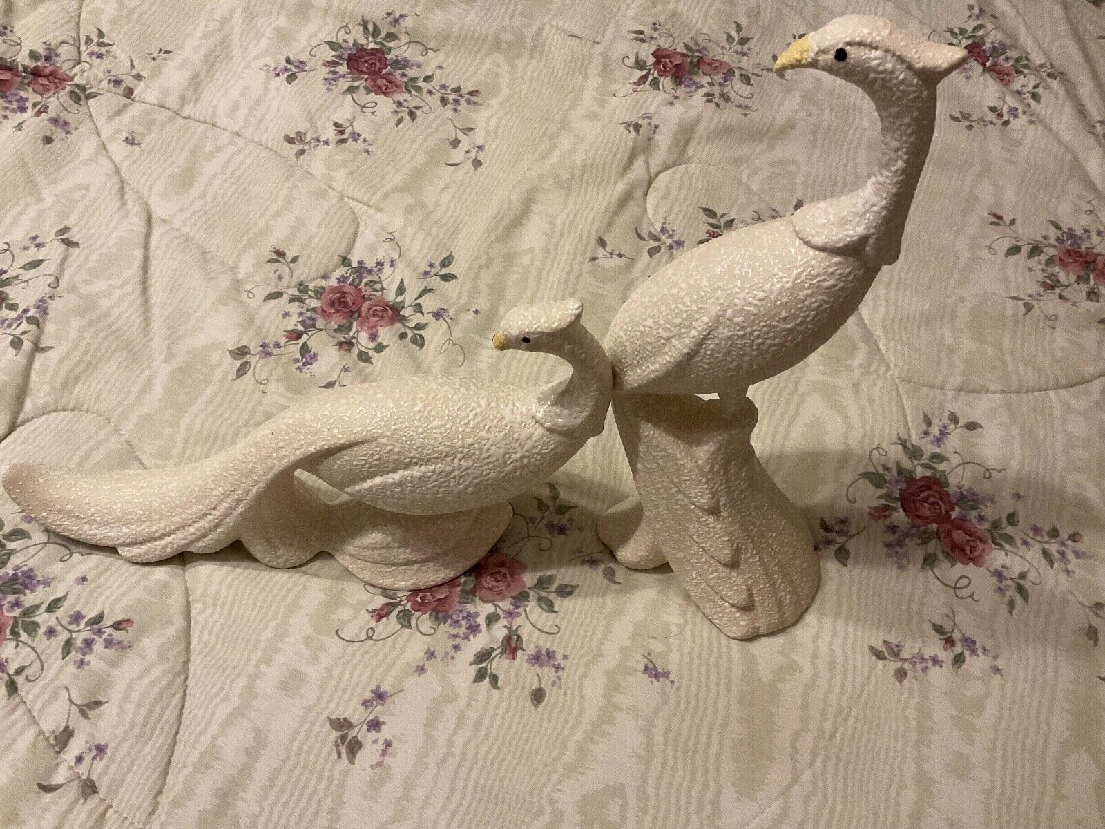 Vintage Pair of Ceramic White Speckled Peacocks Pheasants