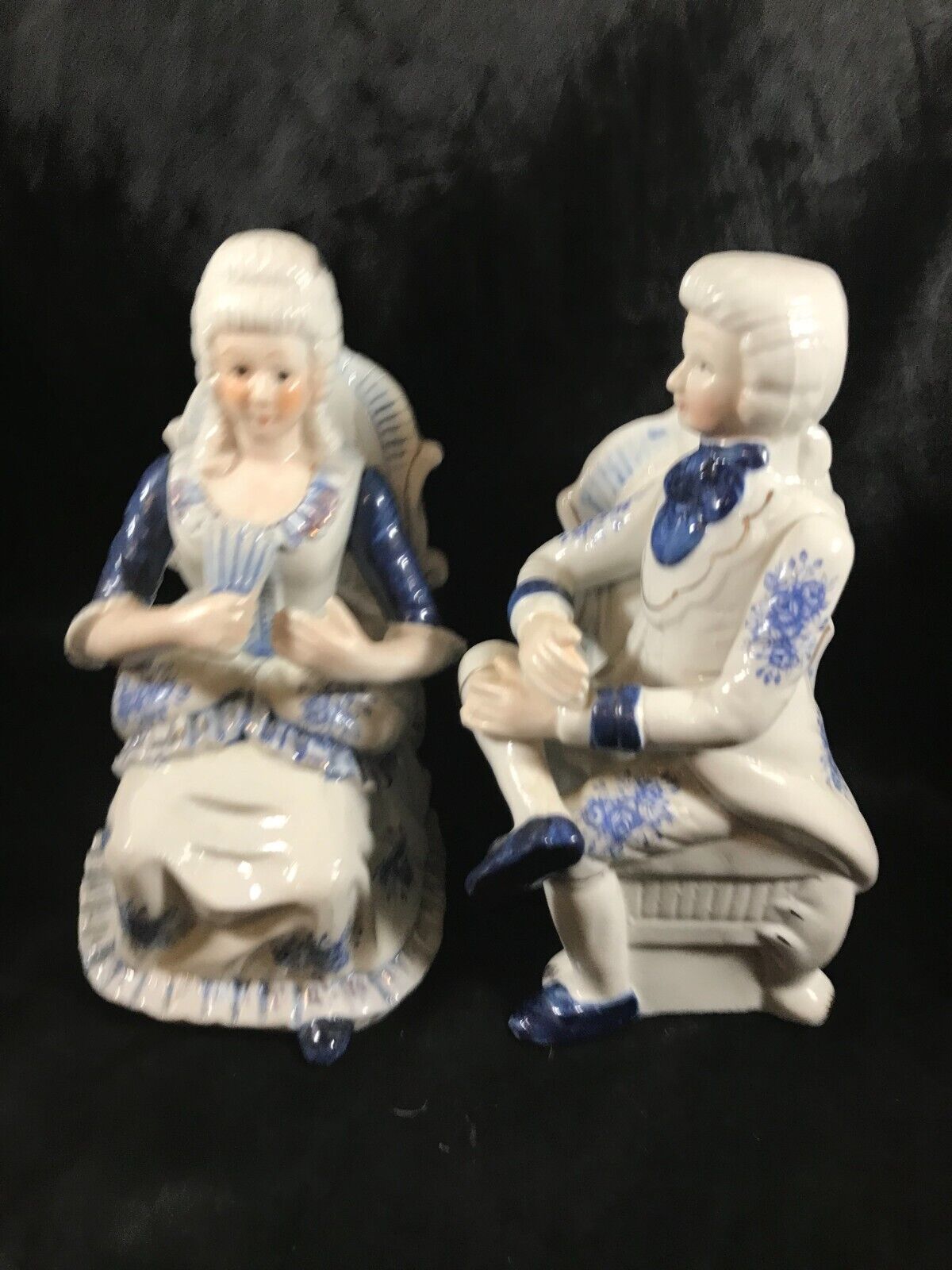 Pair of Vintage Porcelain George and Martha Seated Figurines Blue Floral