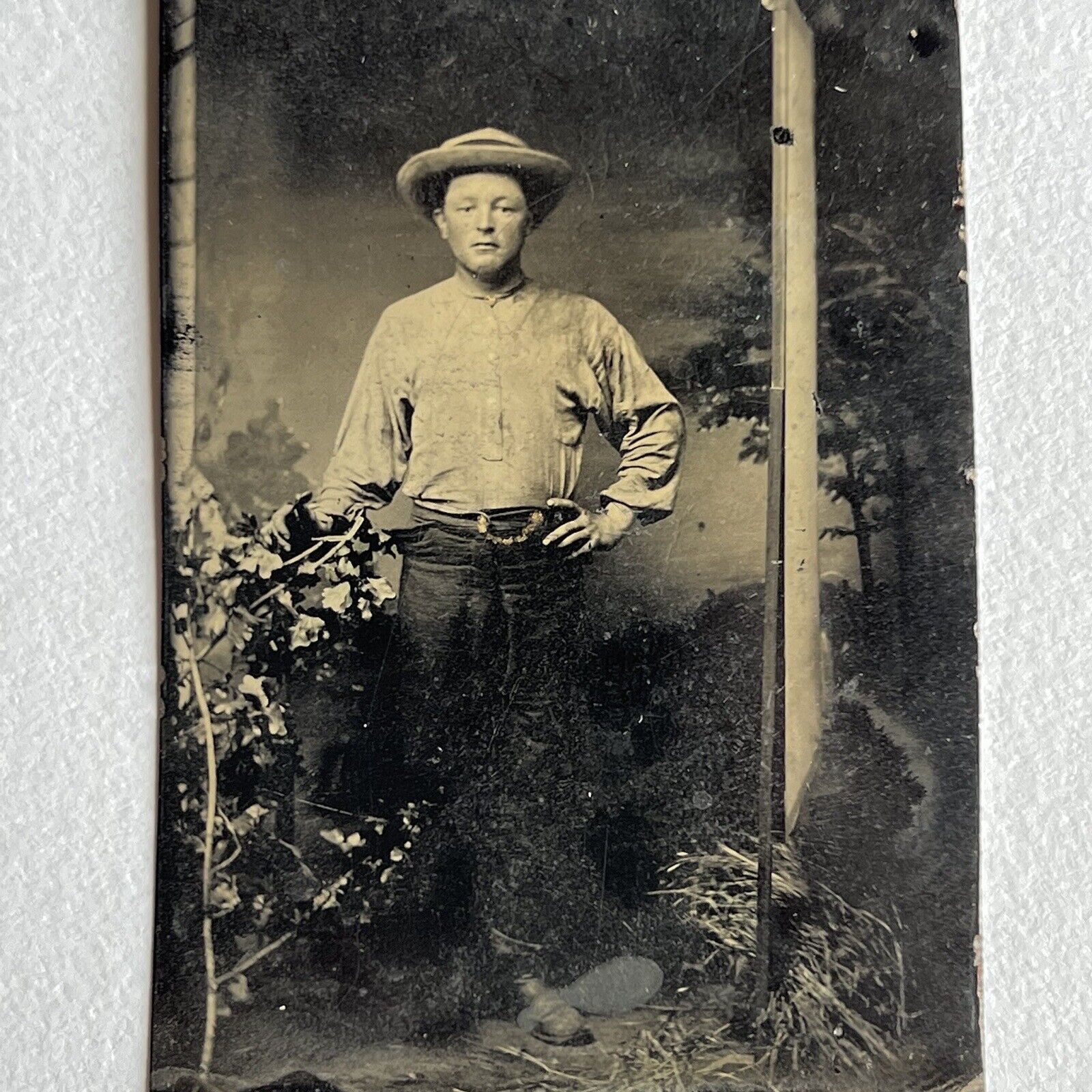 Antique Tintype Photograph Working Class Young Man Hat Reflector Visible