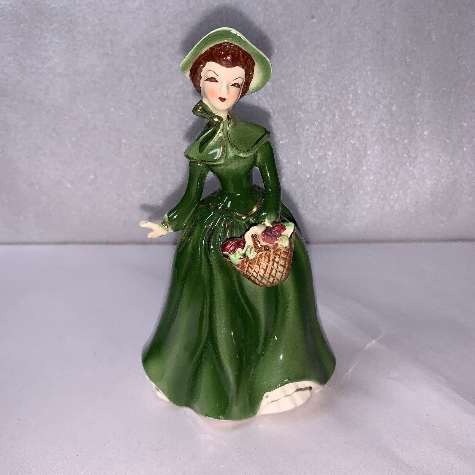 Vintage Lady Figurine Green Dress Hat Basket #2503