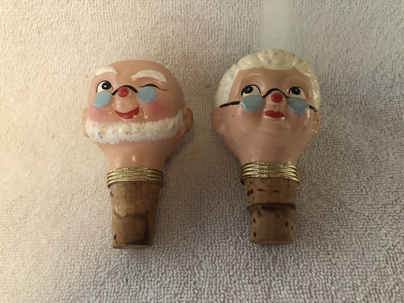 Vintage Pair Old Couple Character Bottle Stoppers