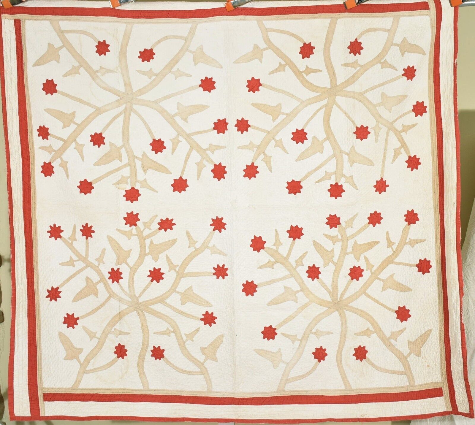 AMAZING Vintage 1880\'s Red & Tan Four Block Floral Applique Antique Quilt