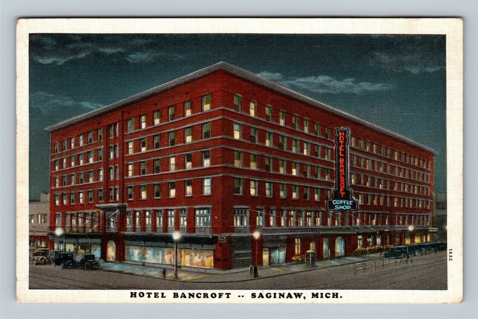 Saginaw MI, Hotel Bancroft, Coffee Shop, Night View, Michigan Vintage Postcard