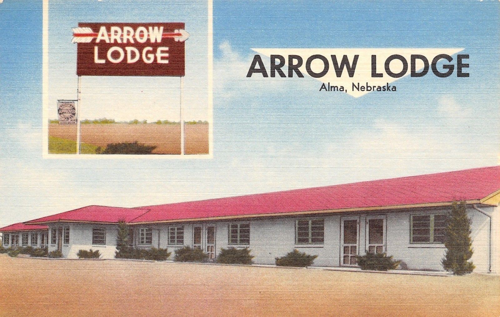 Alma Nebraska~Art Deco Arrow Lodge~Free Swimming 1950s Linen Postcard