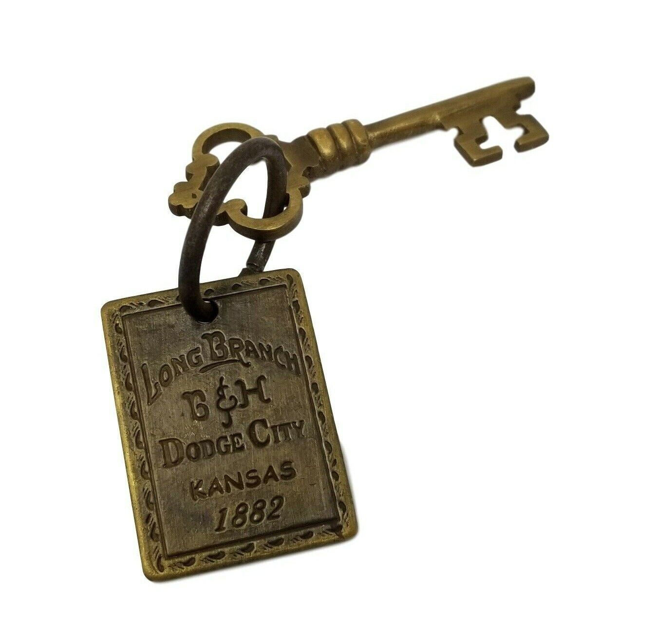 Long Branch 1882 Dodge City Brothel Room Solid Brass Tag & Key W/ Antique Finish