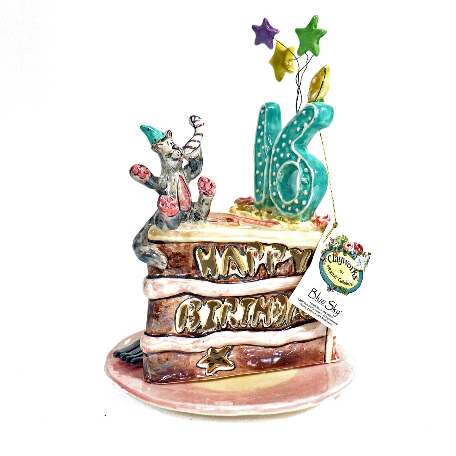 Heather Goldminc Blue Sky Ceramic Cake & Cat Tea Light Holder 16 Birthday