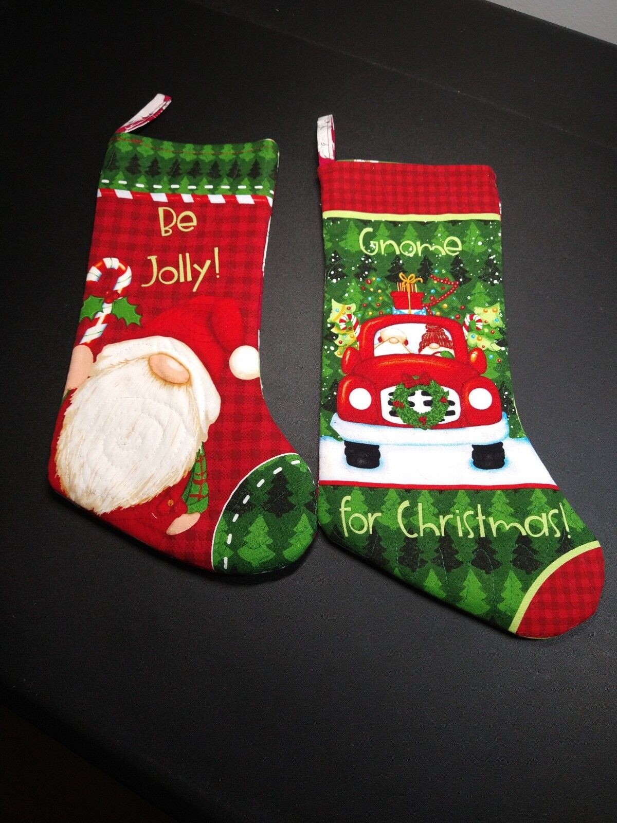 Two Christmas Gnome Stockings, Cotton Quilted, Lined, 14x8 inches, 