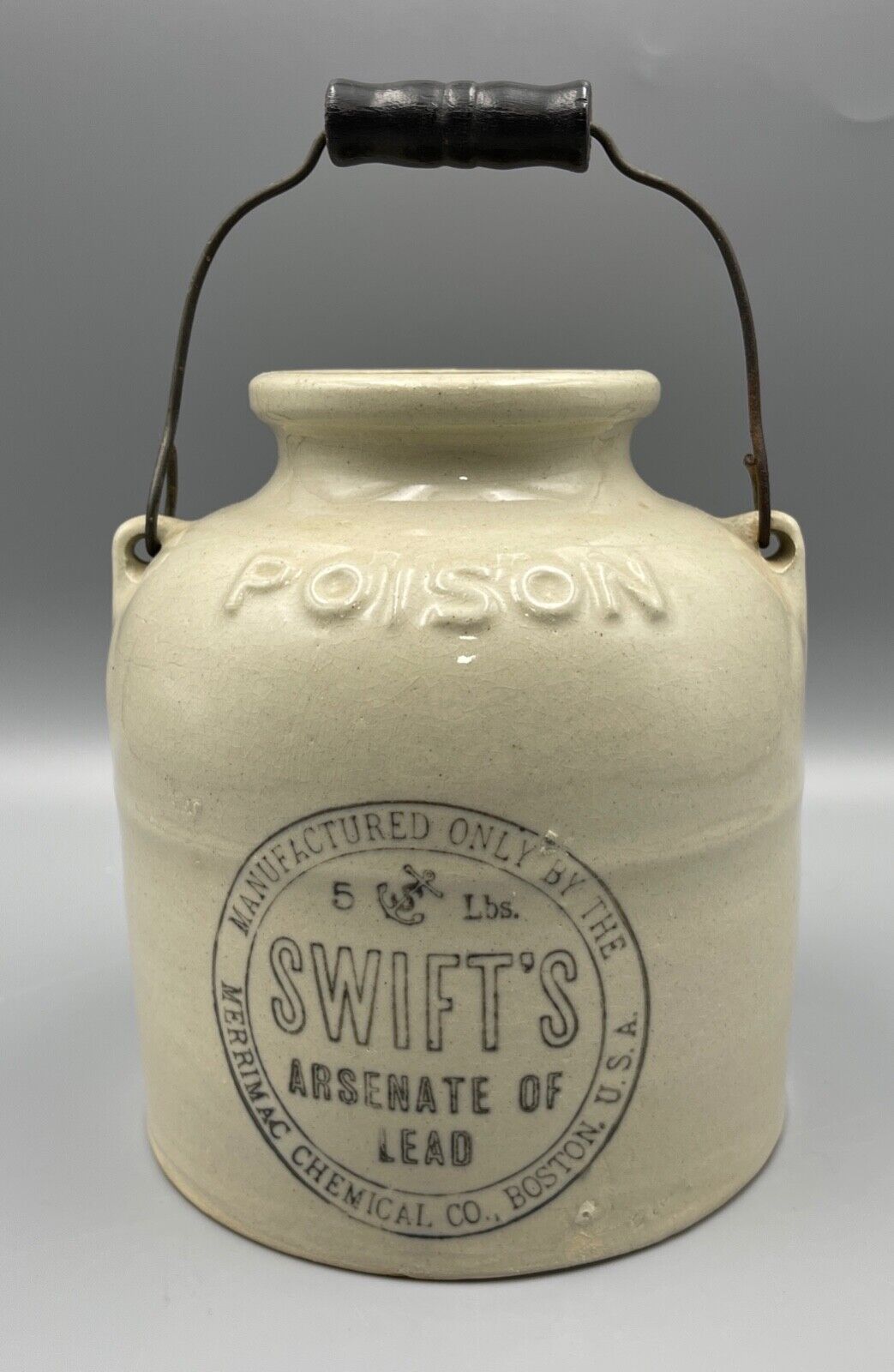 Antique Swift's Arsenate of Lead Poison Crock - Merrimac Chemical Co Boston USA