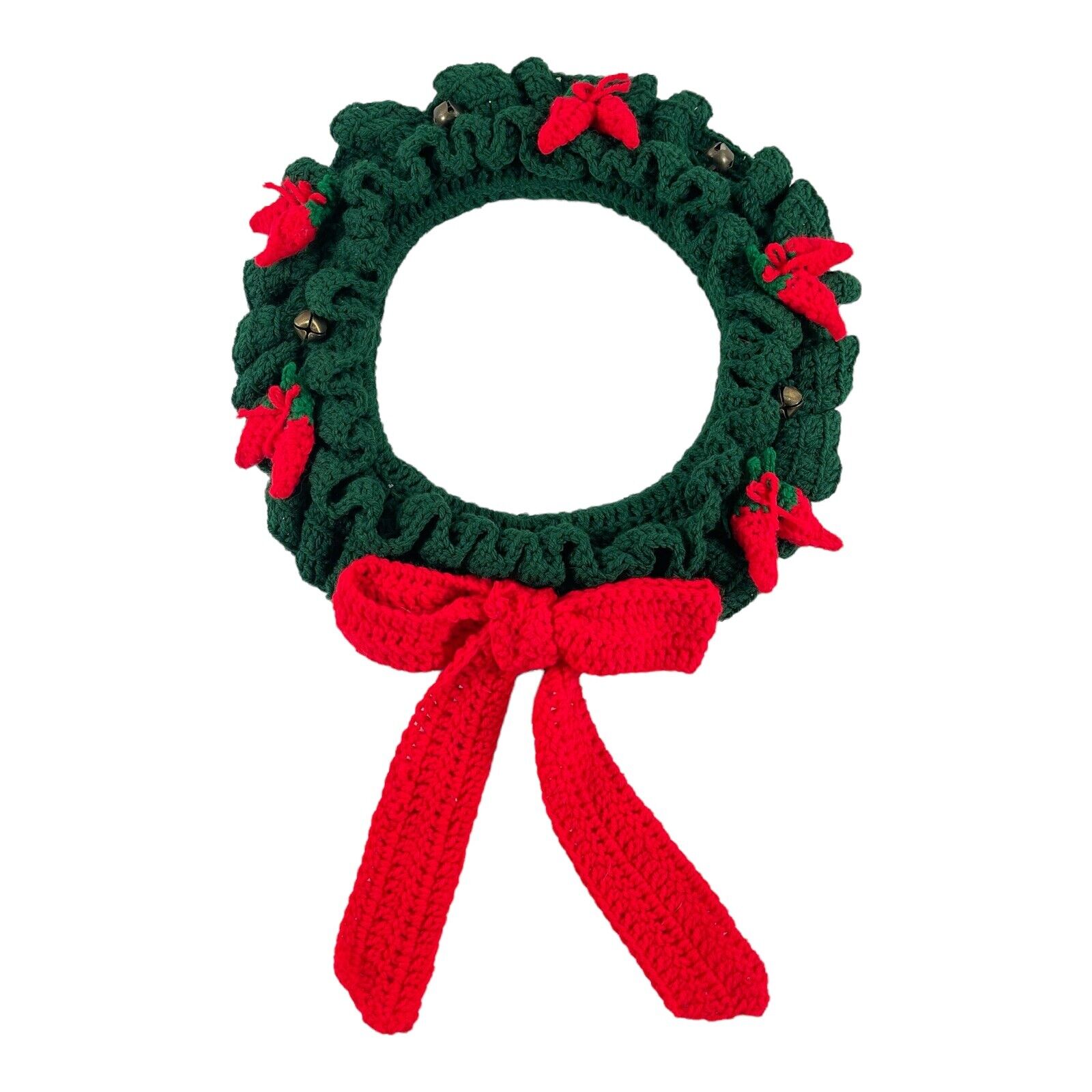 Vintage Handmade Green Crocheted Christmas Wreath Ornament Red Bows Jingle Bells