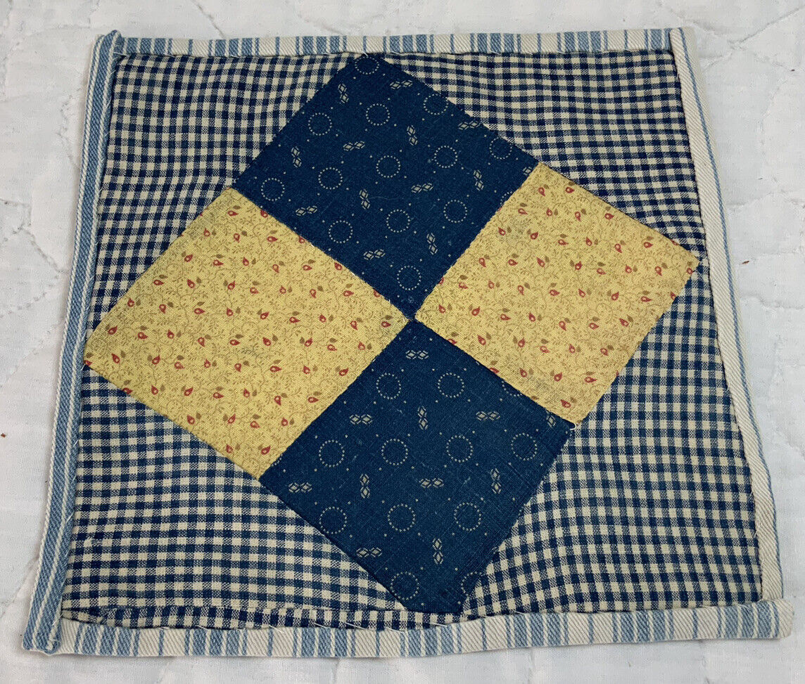 Vintage Antique Patchwork Quilt Table Topper, 4 Patch, Early Calicos, Navy