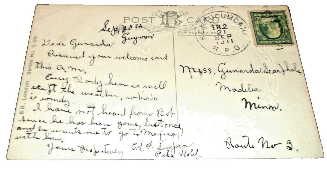 1911 ROCK ISLAND CRI&P KANSAS CITY & TUCUMCARI TRAIN #2 RPO HANDLED POST CARD