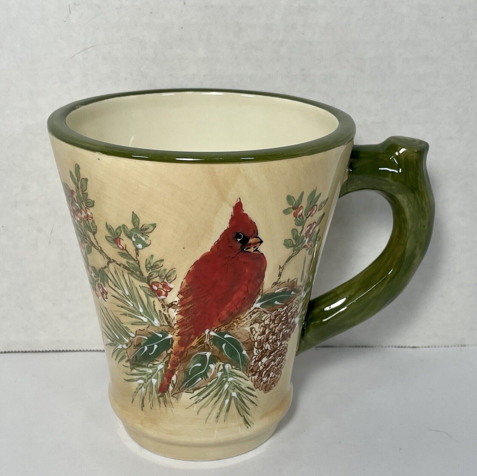 Pacific Rim Hand Painted Ceramic Coffee Mug Cardinal and Pinecone Winter Holiday