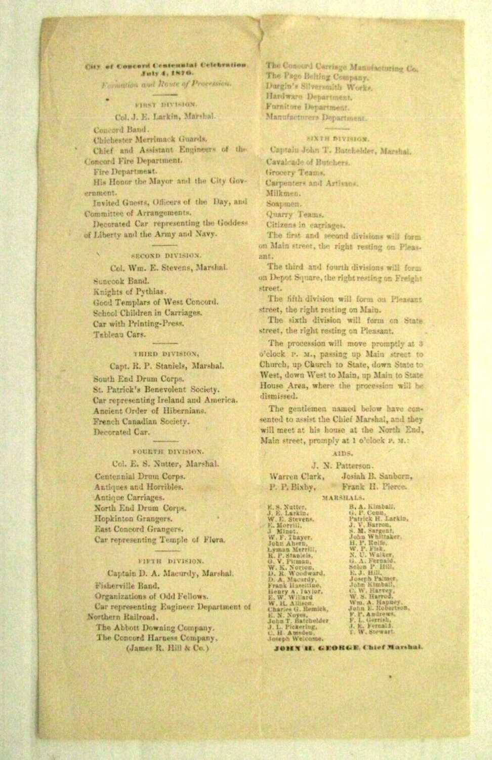 CONCORD NEW HAMPSHIRE JULY 4 1876 CENTENNIEL CELEBRATION BROADSIDE