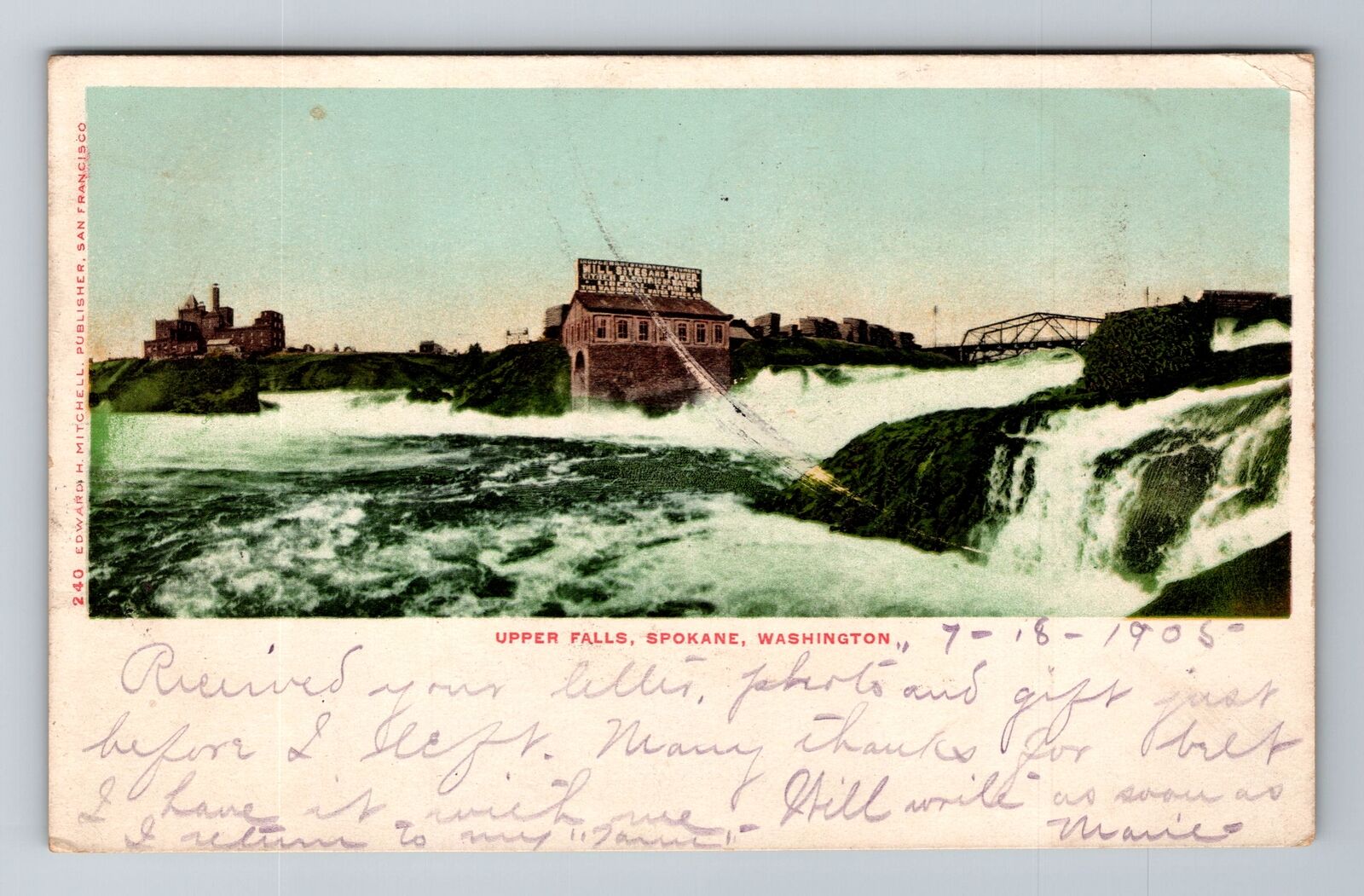 Spokane WA-Washington, Upper Falls, Antique, Vintage c1905 Souvenir Postcard