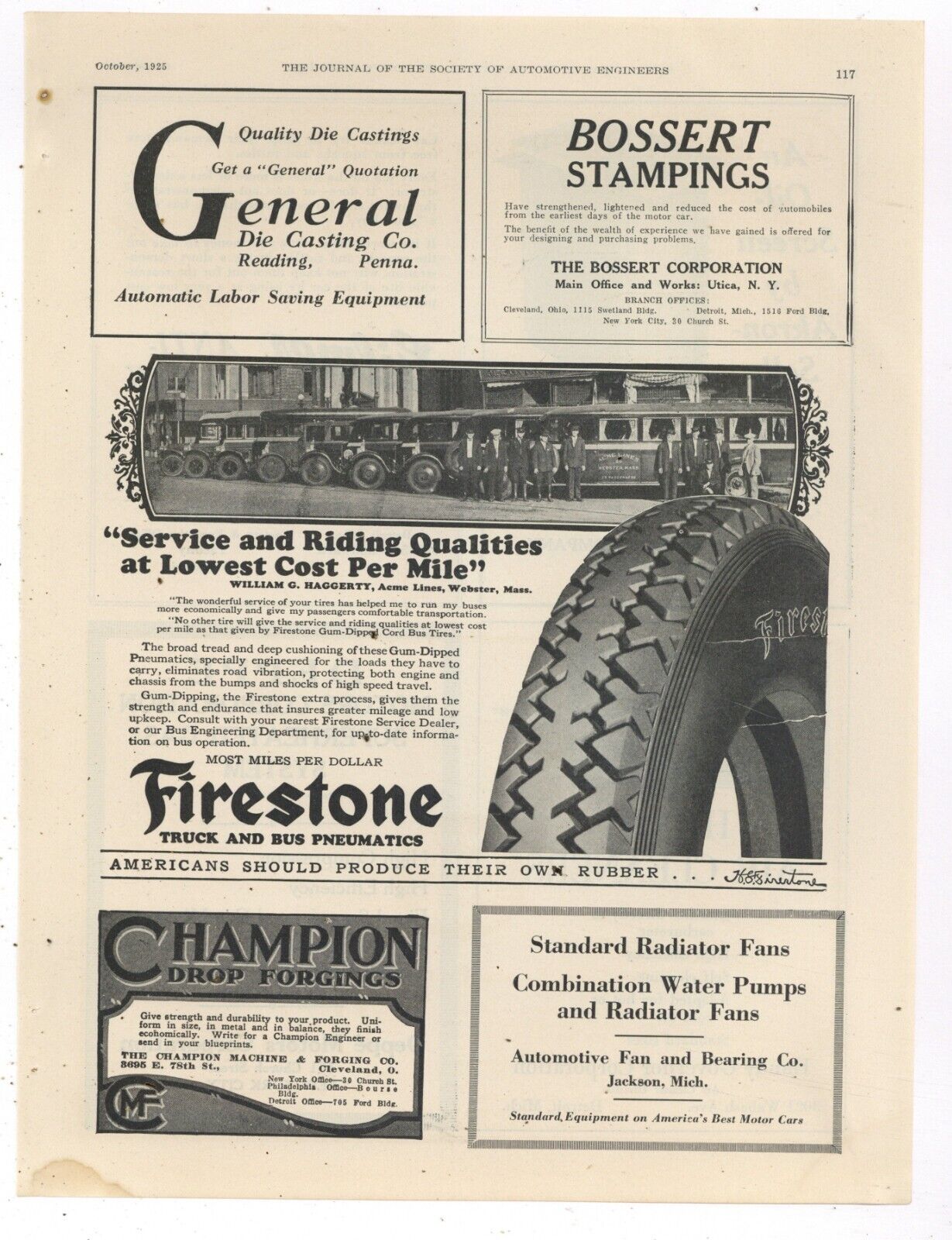1925 Firestone Tire Ad: ACME Bus Lines of Webster, Massachusetts Bus, Drivers