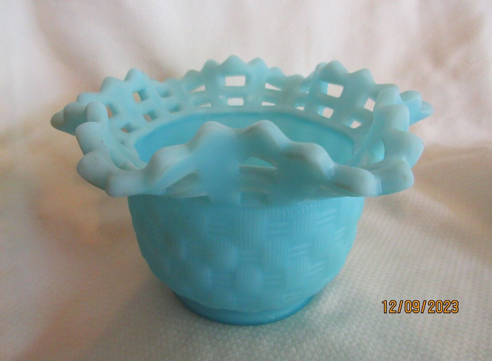 1930s Fenton Basket Weave Ruffled Rim Satin Turquoise Glass Bowl