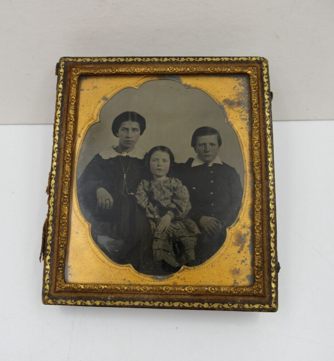 Antique Ambrotype Sixth Plate Photograph of Young Mother & Children c1860